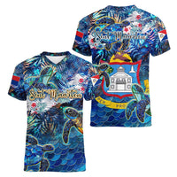 Sint Maarten Women V-Neck T-Shirt Sea Turtle Tropical Pattern - Wonder Print Shop