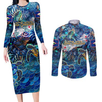 Sint Eustatius Couples Matching Long Sleeve Bodycon Dress and Long Sleeve Button Shirt Sea Turtle Tropical Pattern