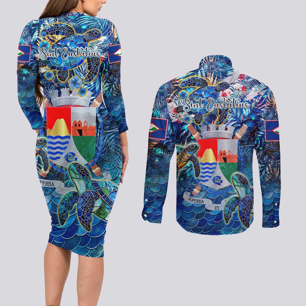 Sint Eustatius Couples Matching Long Sleeve Bodycon Dress and Long Sleeve Button Shirt Sea Turtle Tropical Pattern