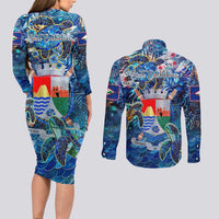 Sint Eustatius Couples Matching Long Sleeve Bodycon Dress and Long Sleeve Button Shirt Sea Turtle Tropical Pattern