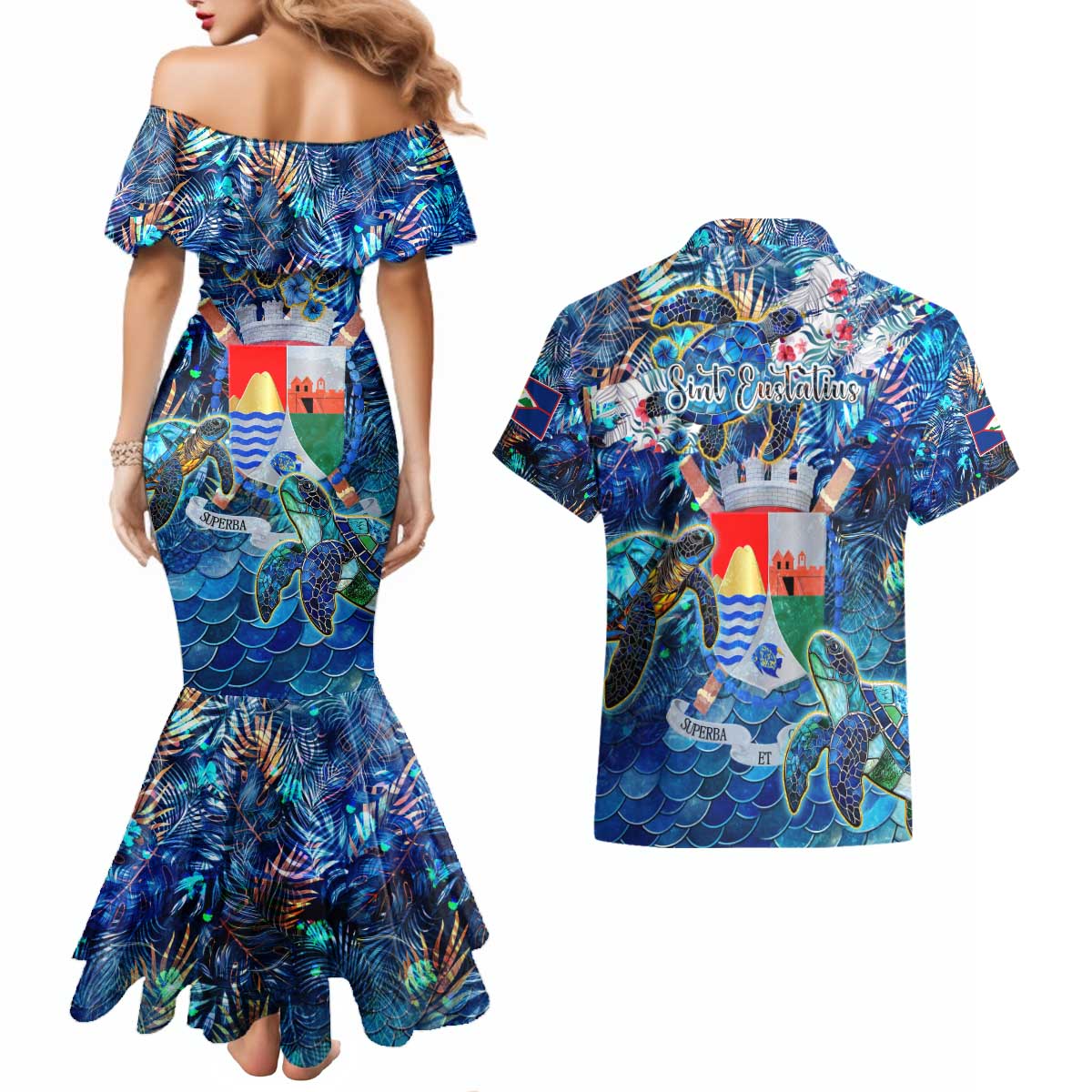 Sint Eustatius Couples Matching Mermaid Dress and Hawaiian Shirt Sea Turtle Tropical Pattern