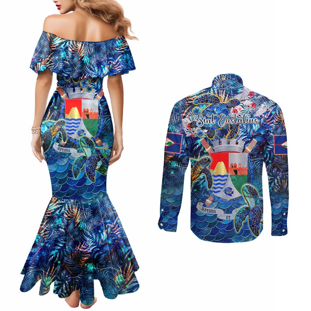 Sint Eustatius Couples Matching Mermaid Dress and Long Sleeve Button Shirt Sea Turtle Tropical Pattern