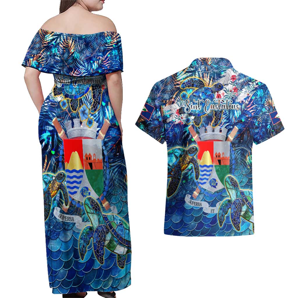 Sint Eustatius Couples Matching Off Shoulder Maxi Dress and Hawaiian Shirt Sea Turtle Tropical Pattern