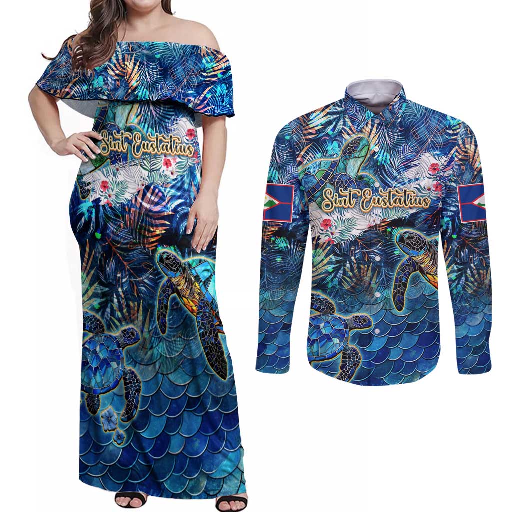 Sint Eustatius Couples Matching Off Shoulder Maxi Dress and Long Sleeve Button Shirt Sea Turtle Tropical Pattern
