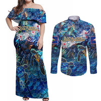 Sint Eustatius Couples Matching Off Shoulder Maxi Dress and Long Sleeve Button Shirt Sea Turtle Tropical Pattern