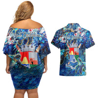 Sint Eustatius Couples Matching Off Shoulder Short Dress and Hawaiian Shirt Sea Turtle Tropical Pattern