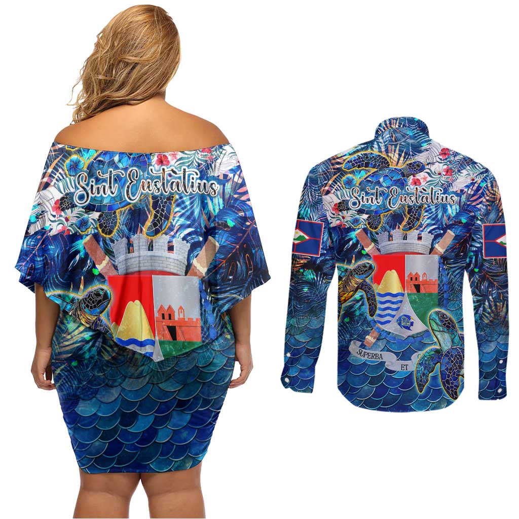 Sint Eustatius Couples Matching Off Shoulder Short Dress and Long Sleeve Button Shirt Sea Turtle Tropical Pattern