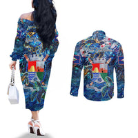 Sint Eustatius Couples Matching Off The Shoulder Long Sleeve Dress and Long Sleeve Button Shirt Sea Turtle Tropical Pattern