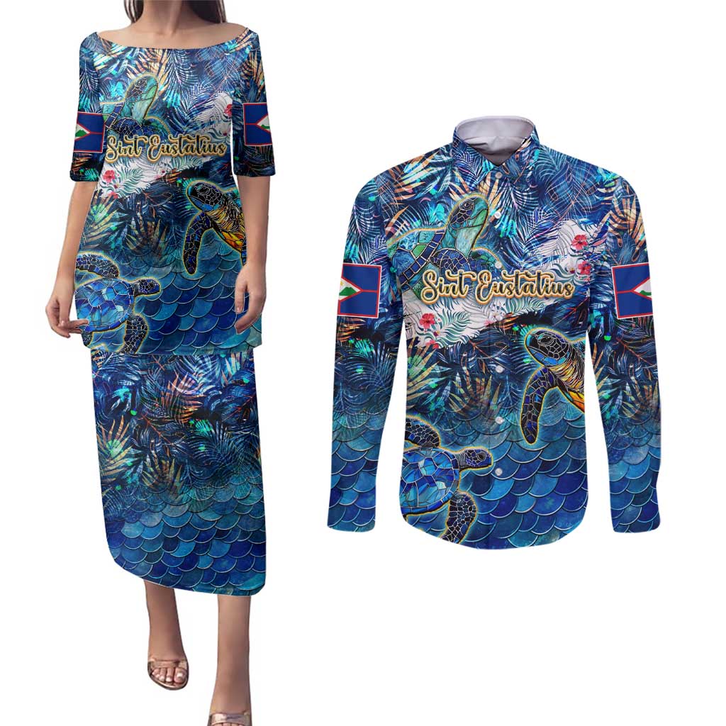 Sint Eustatius Couples Matching Puletasi and Long Sleeve Button Shirt Sea Turtle Tropical Pattern