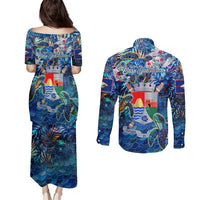 Sint Eustatius Couples Matching Puletasi and Long Sleeve Button Shirt Sea Turtle Tropical Pattern