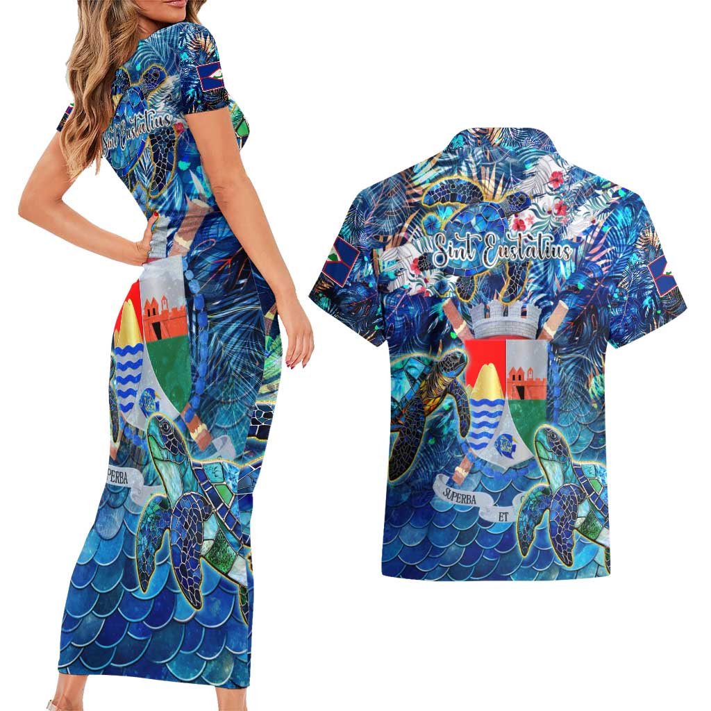Sint Eustatius Couples Matching Short Sleeve Bodycon Dress and Hawaiian Shirt Sea Turtle Tropical Pattern