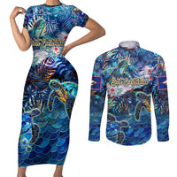Sint Eustatius Couples Matching Short Sleeve Bodycon Dress and Long Sleeve Button Shirt Sea Turtle Tropical Pattern