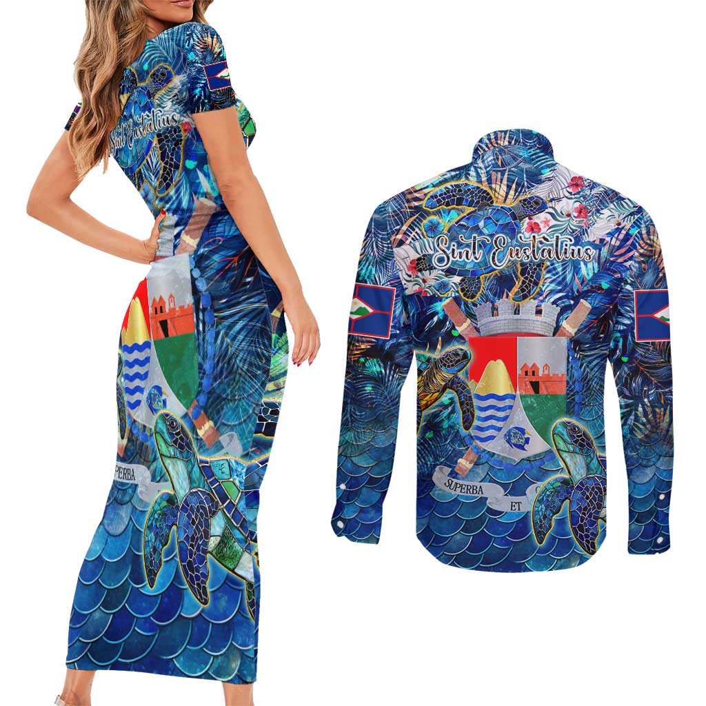 Sint Eustatius Couples Matching Short Sleeve Bodycon Dress and Long Sleeve Button Shirt Sea Turtle Tropical Pattern