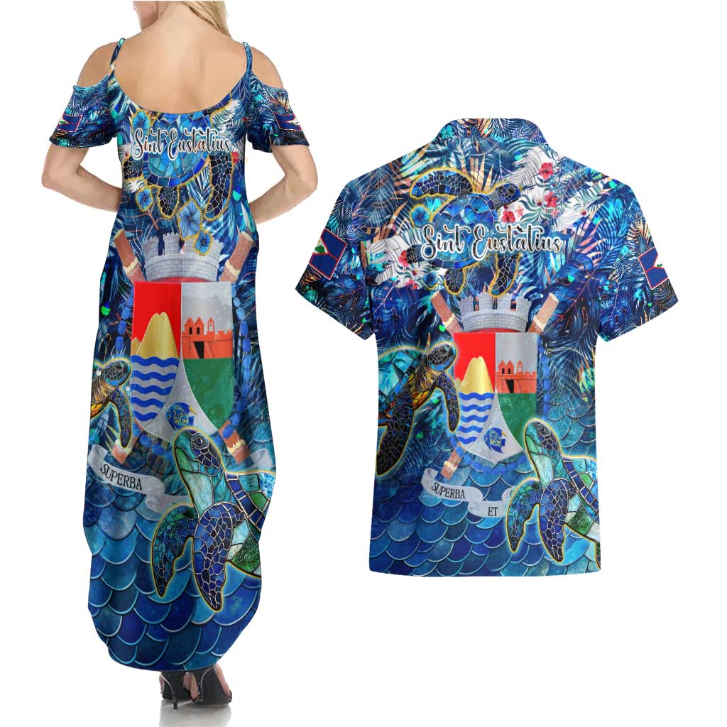 Sint Eustatius Couples Matching Summer Maxi Dress and Hawaiian Shirt Sea Turtle Tropical Pattern
