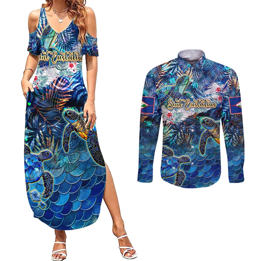 Sint Eustatius Couples Matching Summer Maxi Dress and Long Sleeve Button Shirt Sea Turtle Tropical Pattern