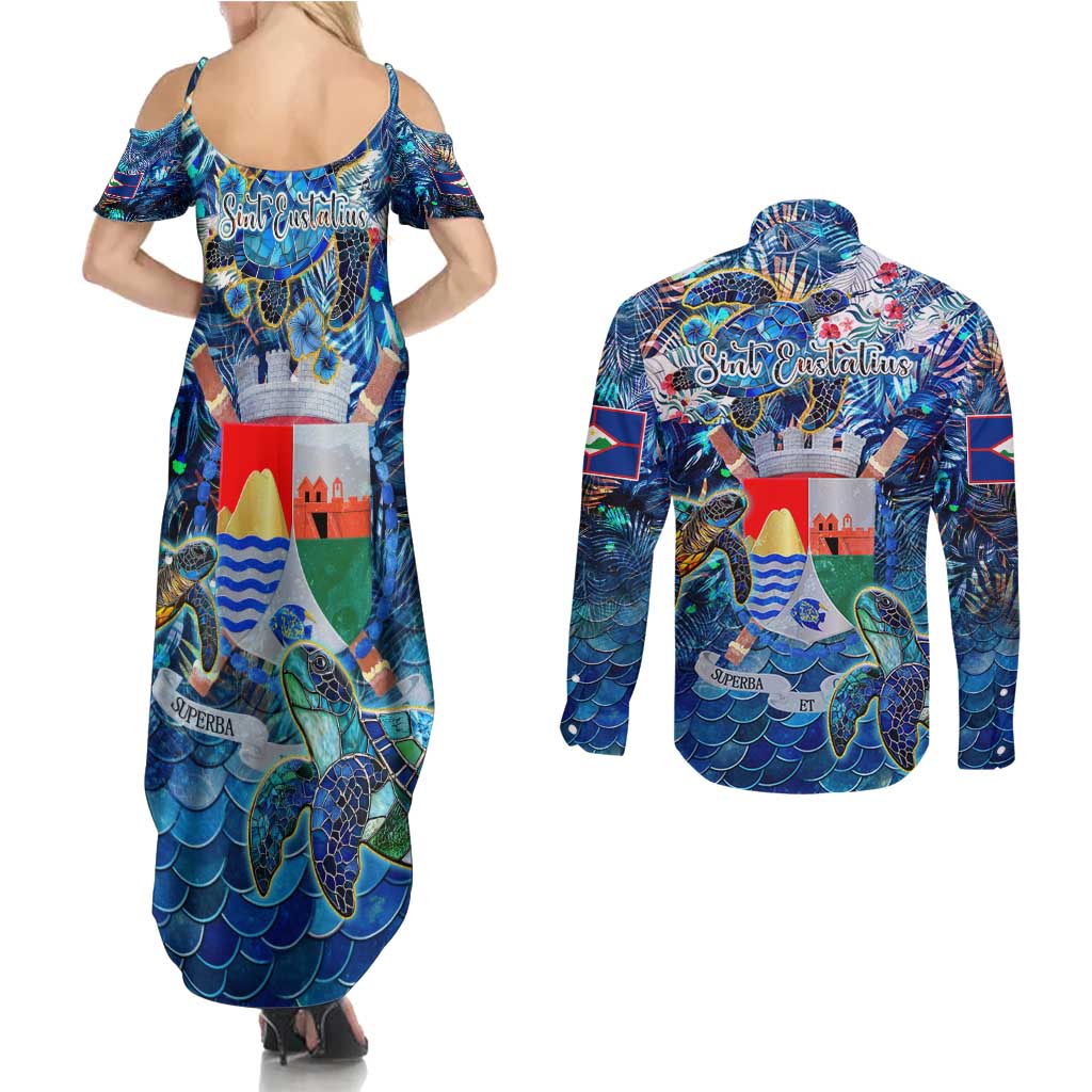 Sint Eustatius Couples Matching Summer Maxi Dress and Long Sleeve Button Shirt Sea Turtle Tropical Pattern