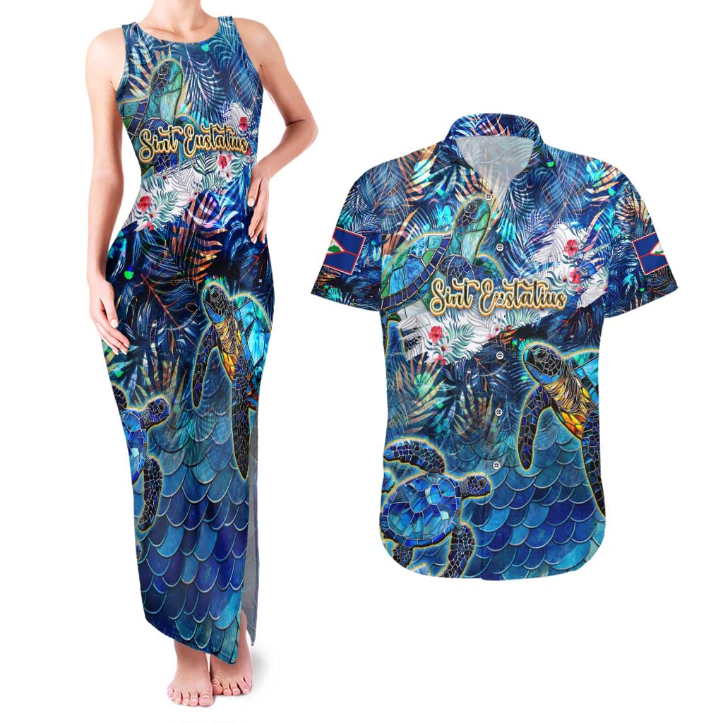 Sint Eustatius Couples Matching Tank Maxi Dress and Hawaiian Shirt Sea Turtle Tropical Pattern