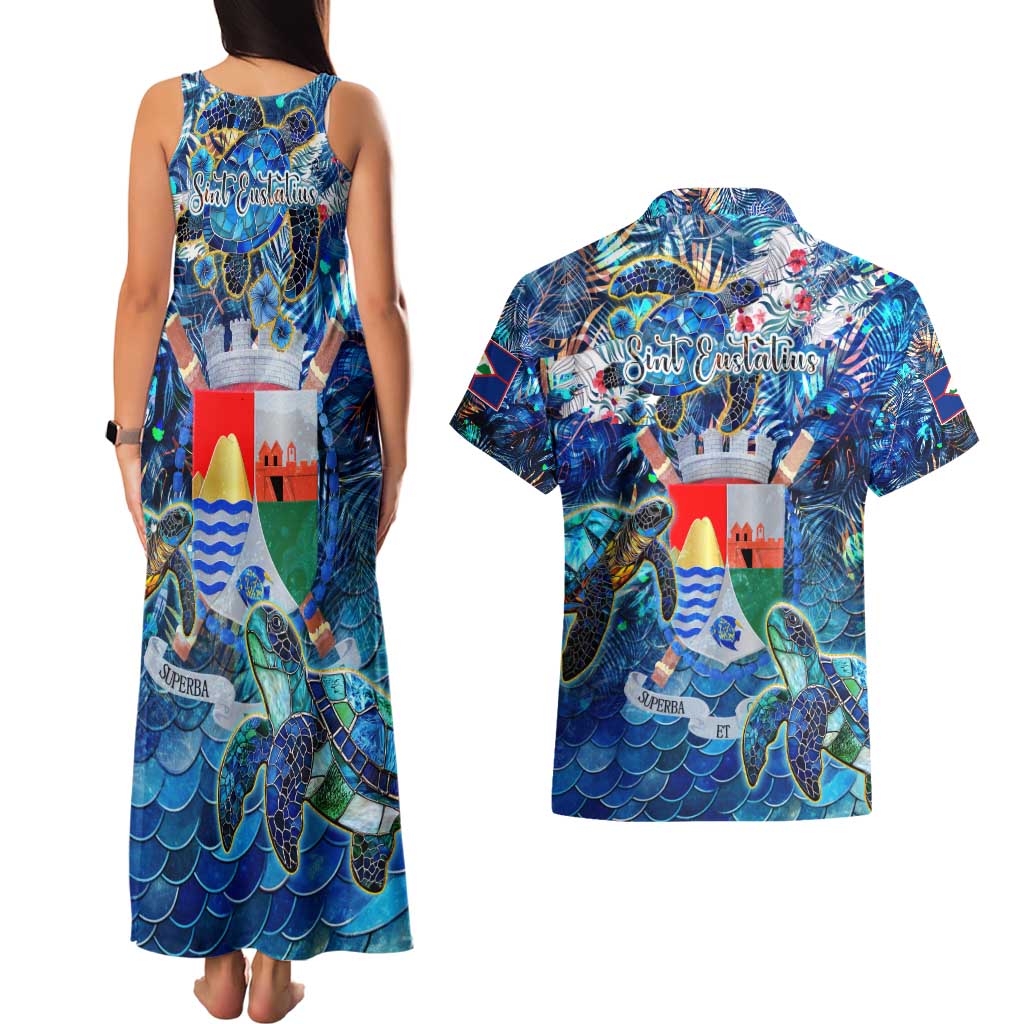 Sint Eustatius Couples Matching Tank Maxi Dress and Hawaiian Shirt Sea Turtle Tropical Pattern