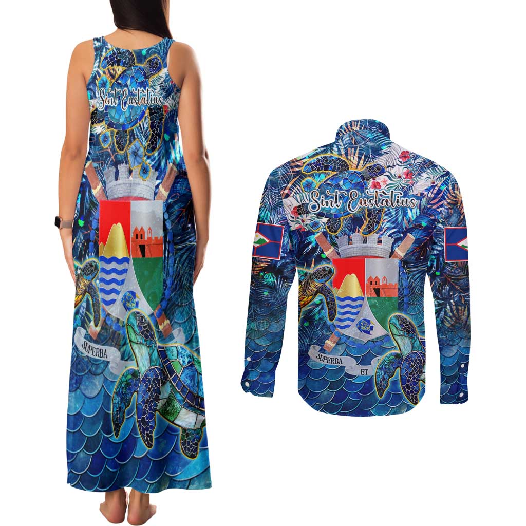 Sint Eustatius Couples Matching Tank Maxi Dress and Long Sleeve Button Shirt Sea Turtle Tropical Pattern