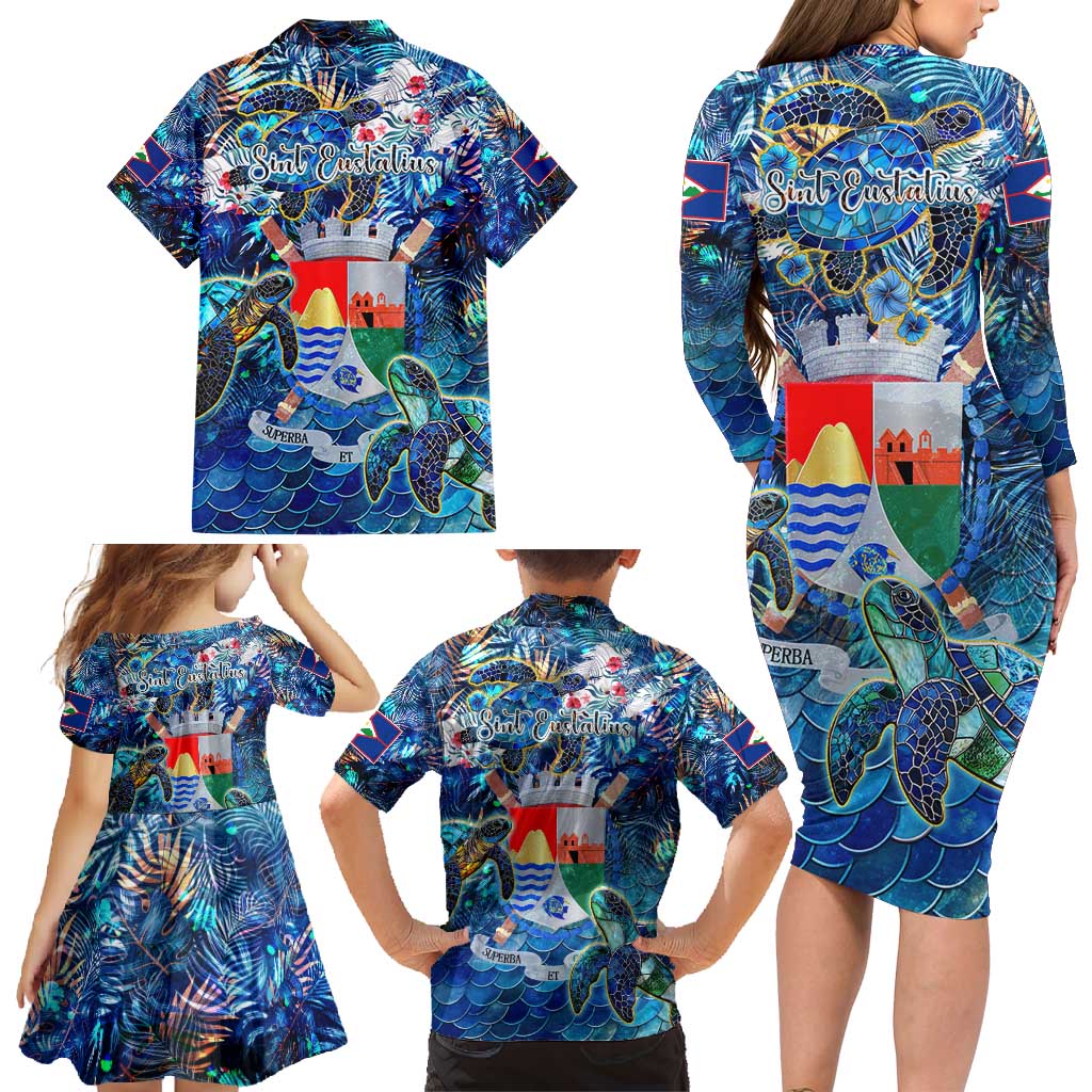 Sint Eustatius Family Matching Long Sleeve Bodycon Dress and Hawaiian Shirt Sea Turtle Tropical Pattern