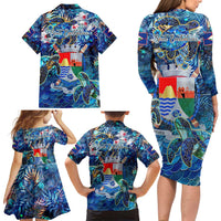 Sint Eustatius Family Matching Long Sleeve Bodycon Dress and Hawaiian Shirt Sea Turtle Tropical Pattern