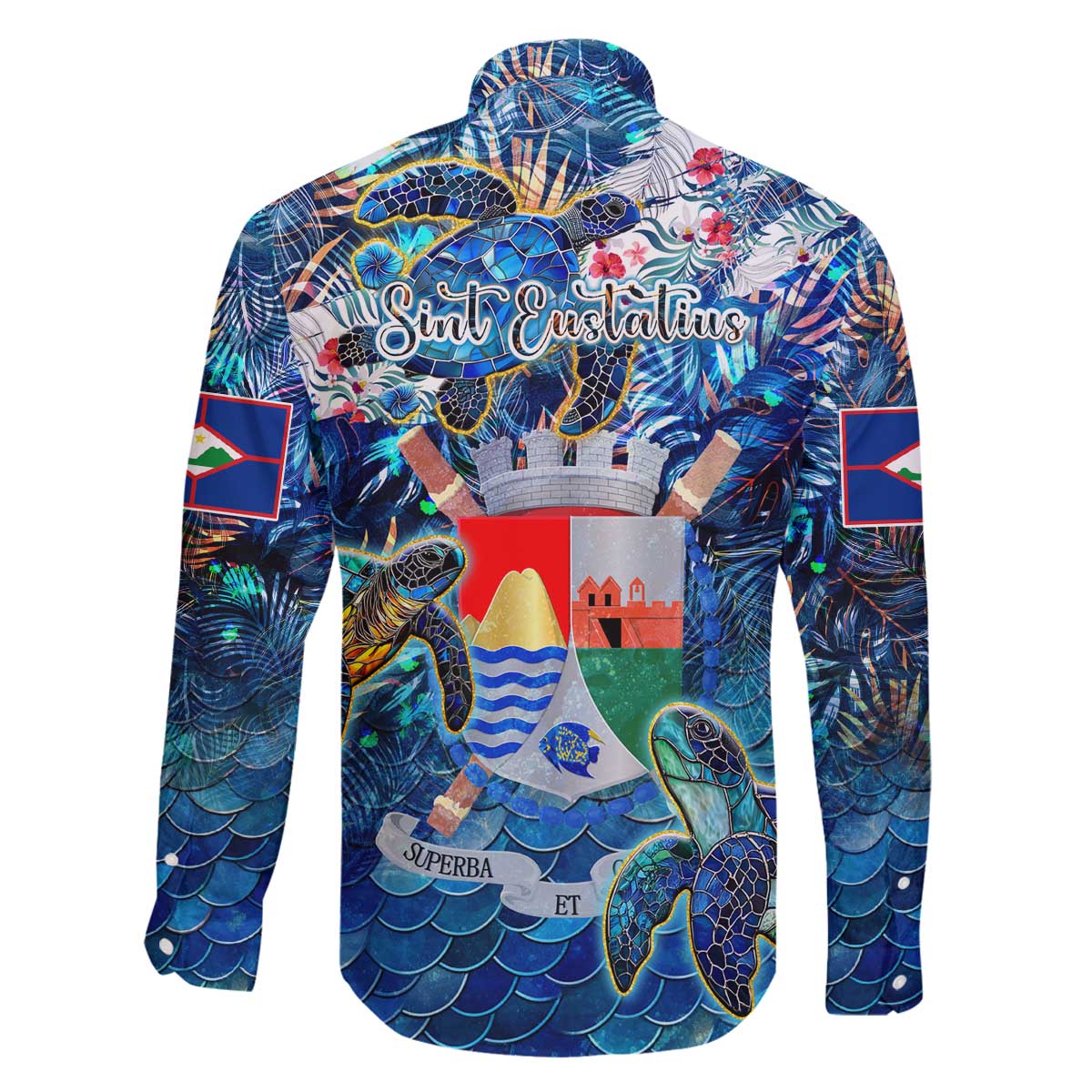 Sint Eustatius Family Matching Off The Shoulder Long Sleeve Dress and Hawaiian Shirt Sea Turtle Tropical Pattern