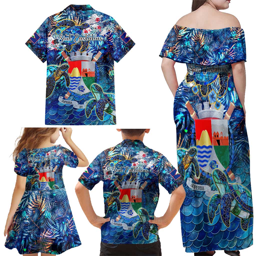 Sint Eustatius Family Matching Off Shoulder Maxi Dress and Hawaiian Shirt Sea Turtle Tropical Pattern