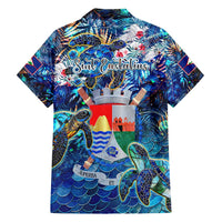 Sint Eustatius Family Matching Off Shoulder Short Dress and Hawaiian Shirt Sea Turtle Tropical Pattern - Wonder Print Shop