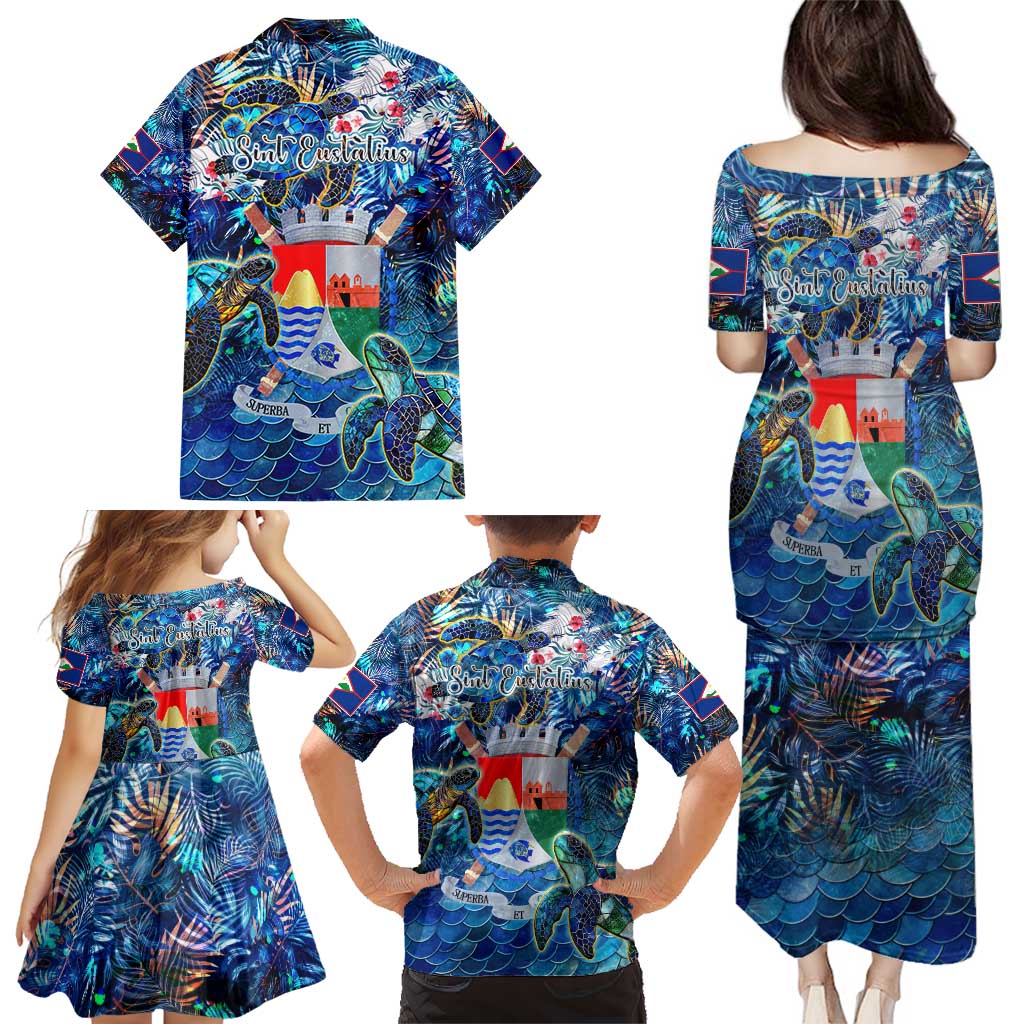 Sint Eustatius Family Matching Puletasi and Hawaiian Shirt Sea Turtle Tropical Pattern