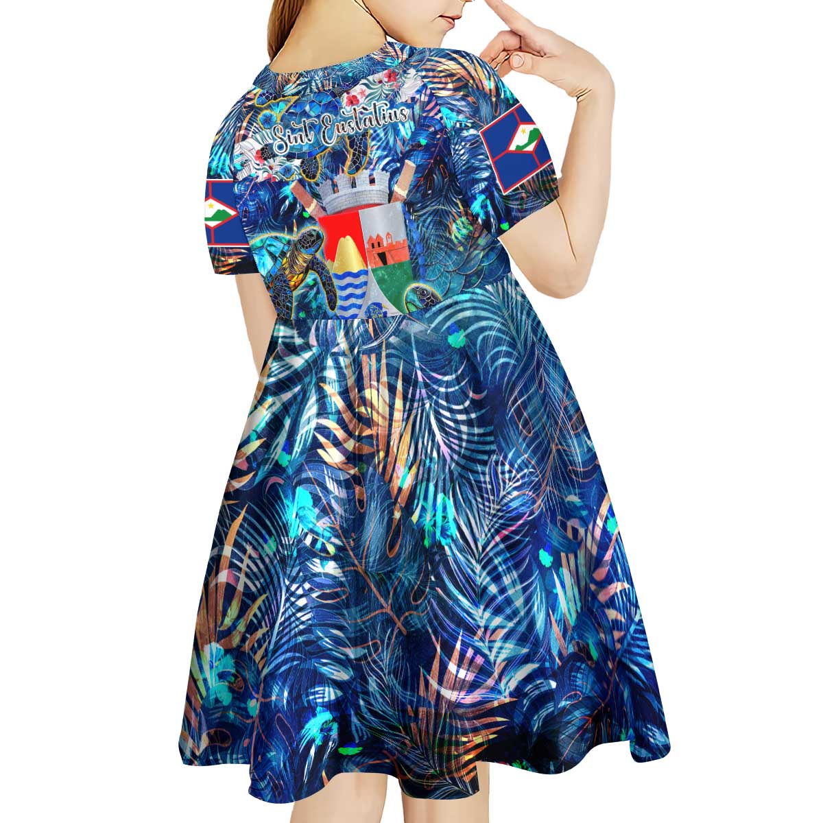 Sint Eustatius Kid Short Sleeve Dress Sea Turtle Tropical Pattern - Wonder Print Shop