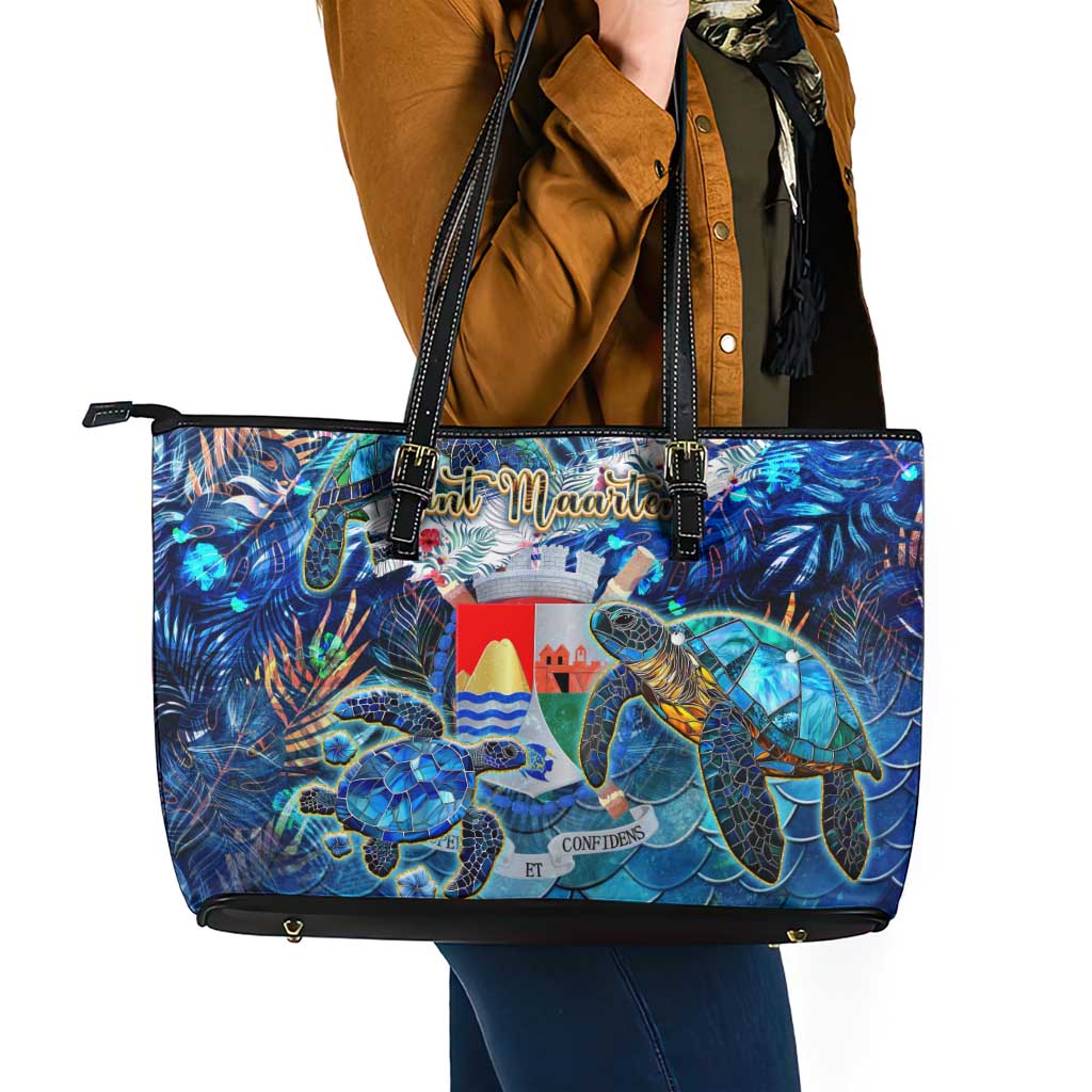 Sint Eustatius Leather Tote Bag Sea Turtle Tropical Pattern