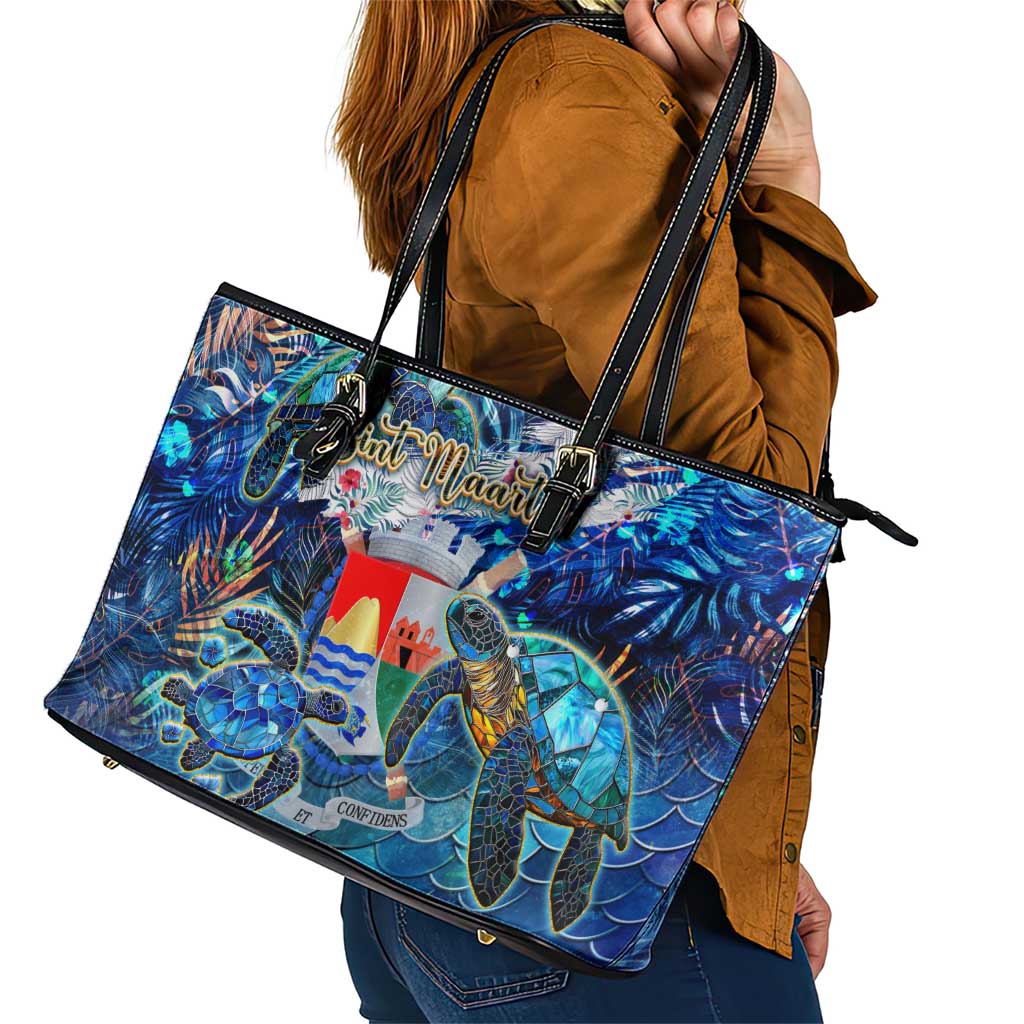 Sint Eustatius Leather Tote Bag Sea Turtle Tropical Pattern