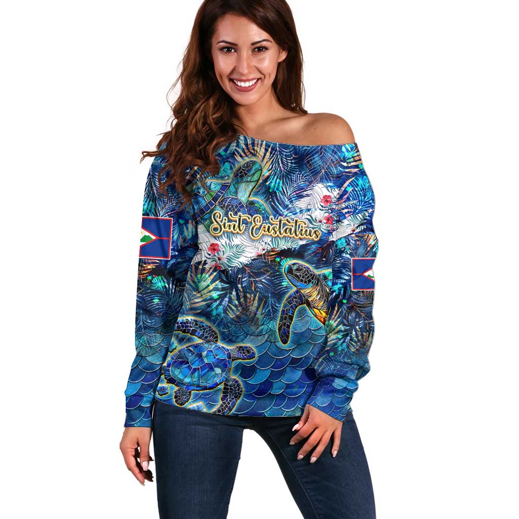 Sint Eustatius Off Shoulder Sweater Sea Turtle Tropical Pattern - Wonder Print Shop