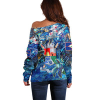 Sint Eustatius Off Shoulder Sweater Sea Turtle Tropical Pattern - Wonder Print Shop