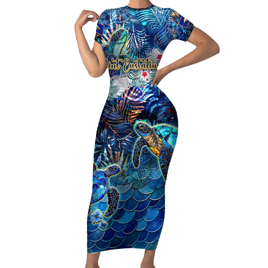 Sint Eustatius Short Sleeve Bodycon Dress Sea Turtle Tropical Pattern - Wonder Print Shop