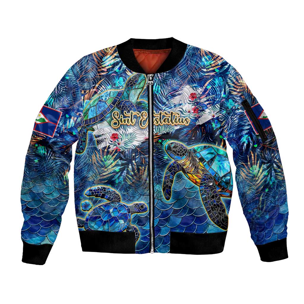 Sint Eustatius Sleeve Zip Bomber Jacket Sea Turtle Tropical Pattern - Wonder Print Shop