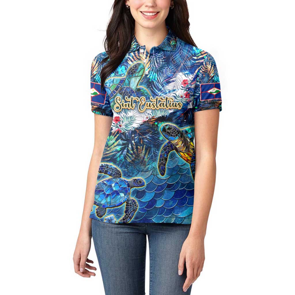 Sint Eustatius Women Polo Shirt Sea Turtle Tropical Pattern - Wonder Print Shop