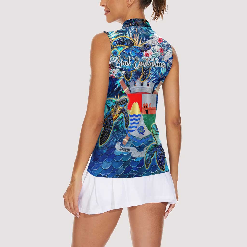 Sint Eustatius Women Sleeveless Polo Shirt Sea Turtle Tropical Pattern - Wonder Print Shop