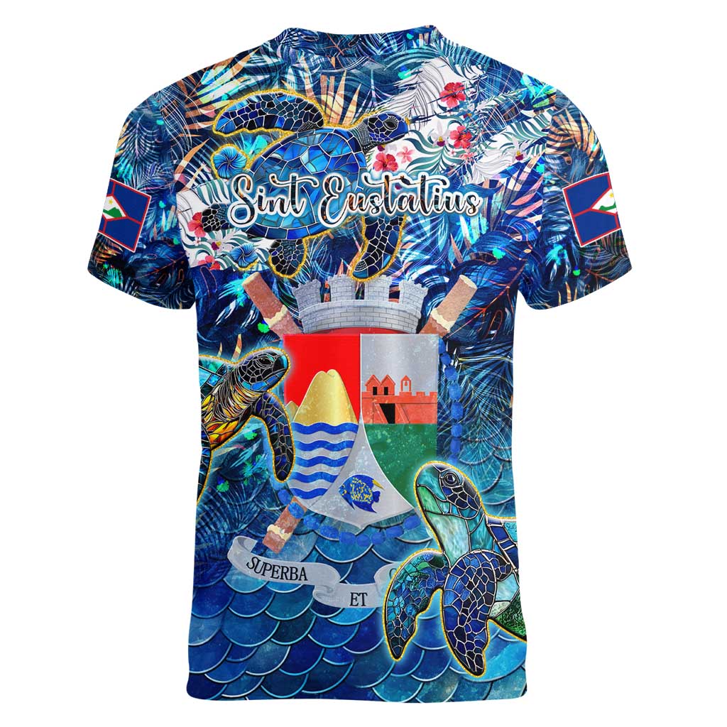 Sint Eustatius Women V-Neck T-Shirt Sea Turtle Tropical Pattern - Wonder Print Shop