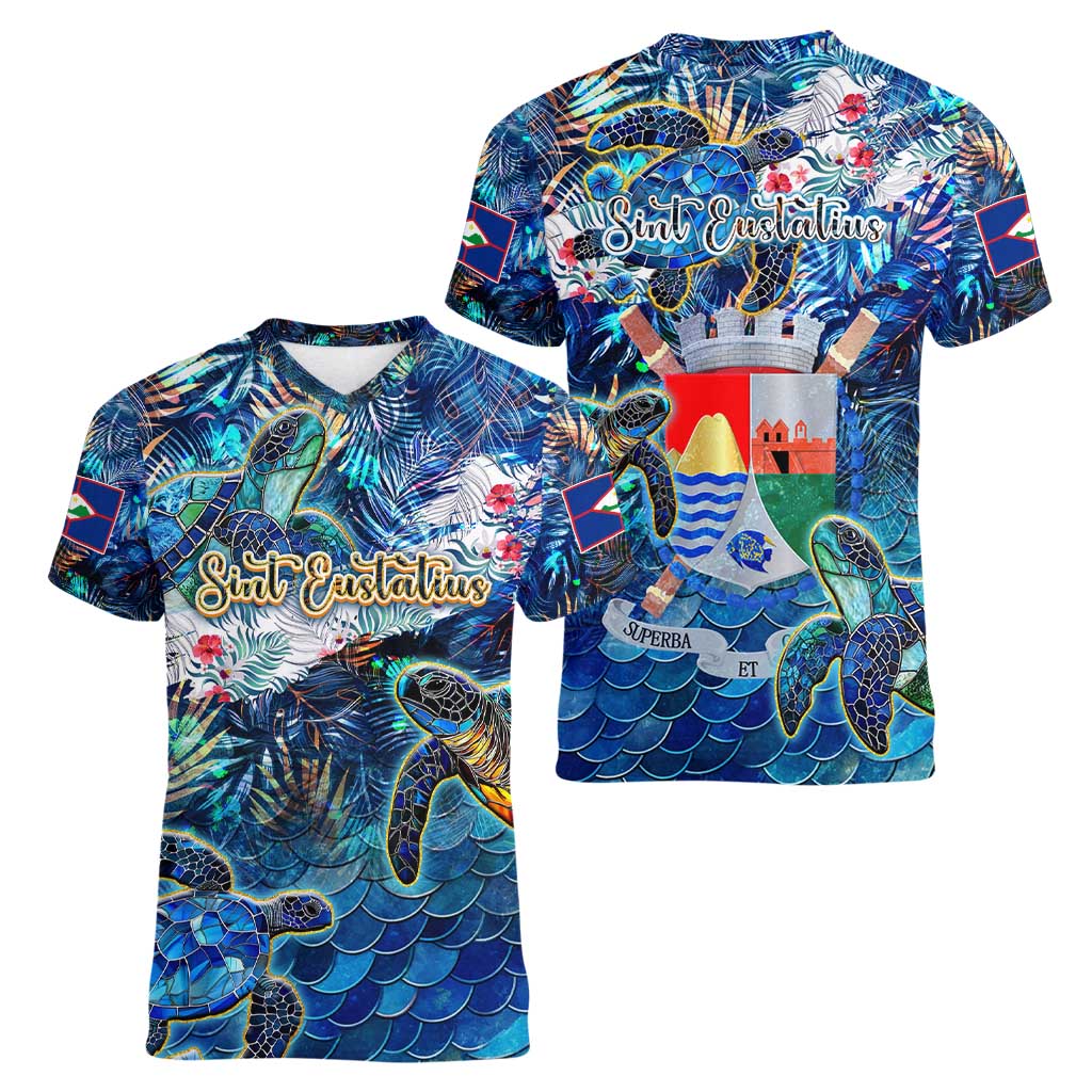 Sint Eustatius Women V-Neck T-Shirt Sea Turtle Tropical Pattern - Wonder Print Shop