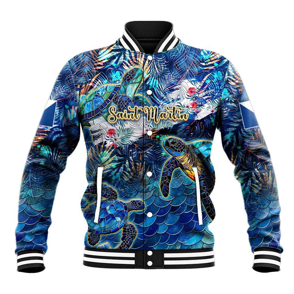 Saint Martin Baseball Jacket Sea Turtle Tropical Pattern