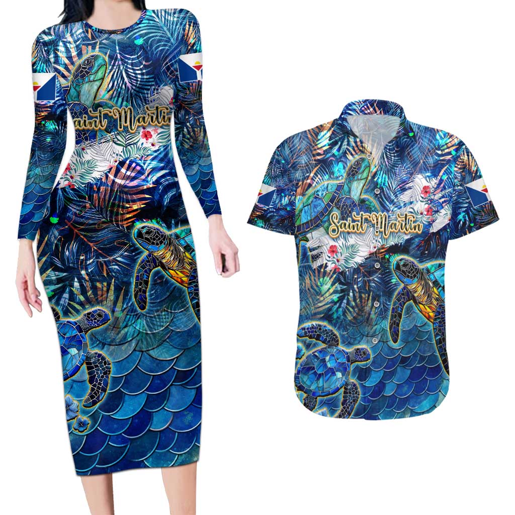 Saint Martin Couples Matching Long Sleeve Bodycon Dress and Hawaiian Shirt Sea Turtle Tropical Pattern