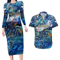 Saint Martin Couples Matching Long Sleeve Bodycon Dress and Hawaiian Shirt Sea Turtle Tropical Pattern