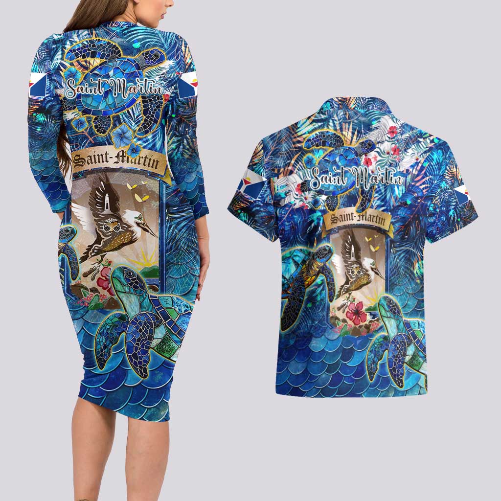 Saint Martin Couples Matching Long Sleeve Bodycon Dress and Hawaiian Shirt Sea Turtle Tropical Pattern
