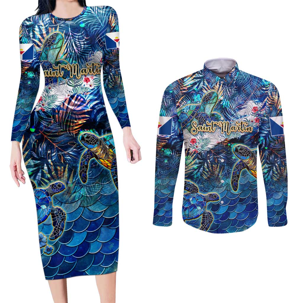 Saint Martin Couples Matching Long Sleeve Bodycon Dress and Long Sleeve Button Shirt Sea Turtle Tropical Pattern