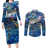 Saint Martin Couples Matching Long Sleeve Bodycon Dress and Long Sleeve Button Shirt Sea Turtle Tropical Pattern