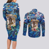 Saint Martin Couples Matching Long Sleeve Bodycon Dress and Long Sleeve Button Shirt Sea Turtle Tropical Pattern