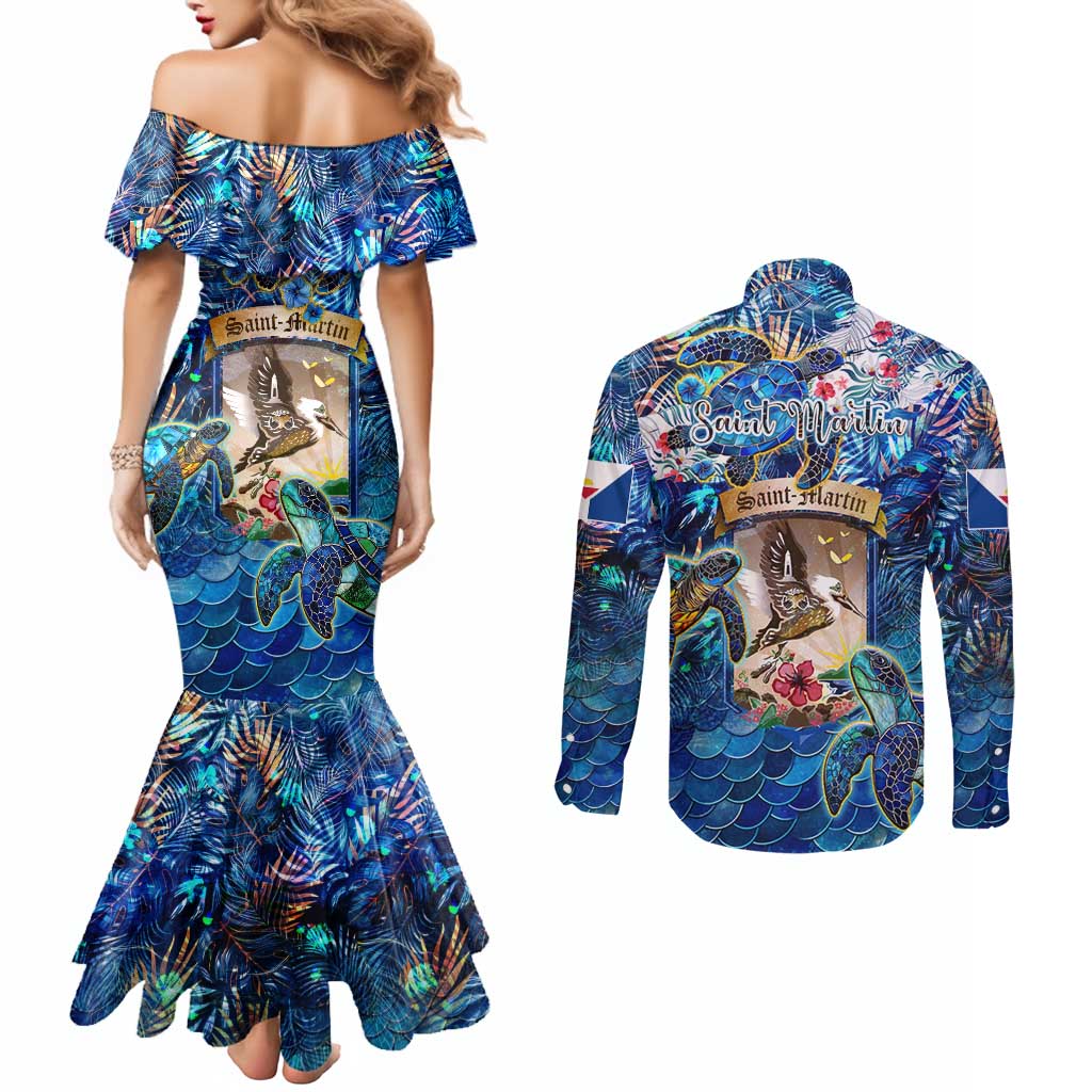 Saint Martin Couples Matching Mermaid Dress and Long Sleeve Button Shirt Sea Turtle Tropical Pattern