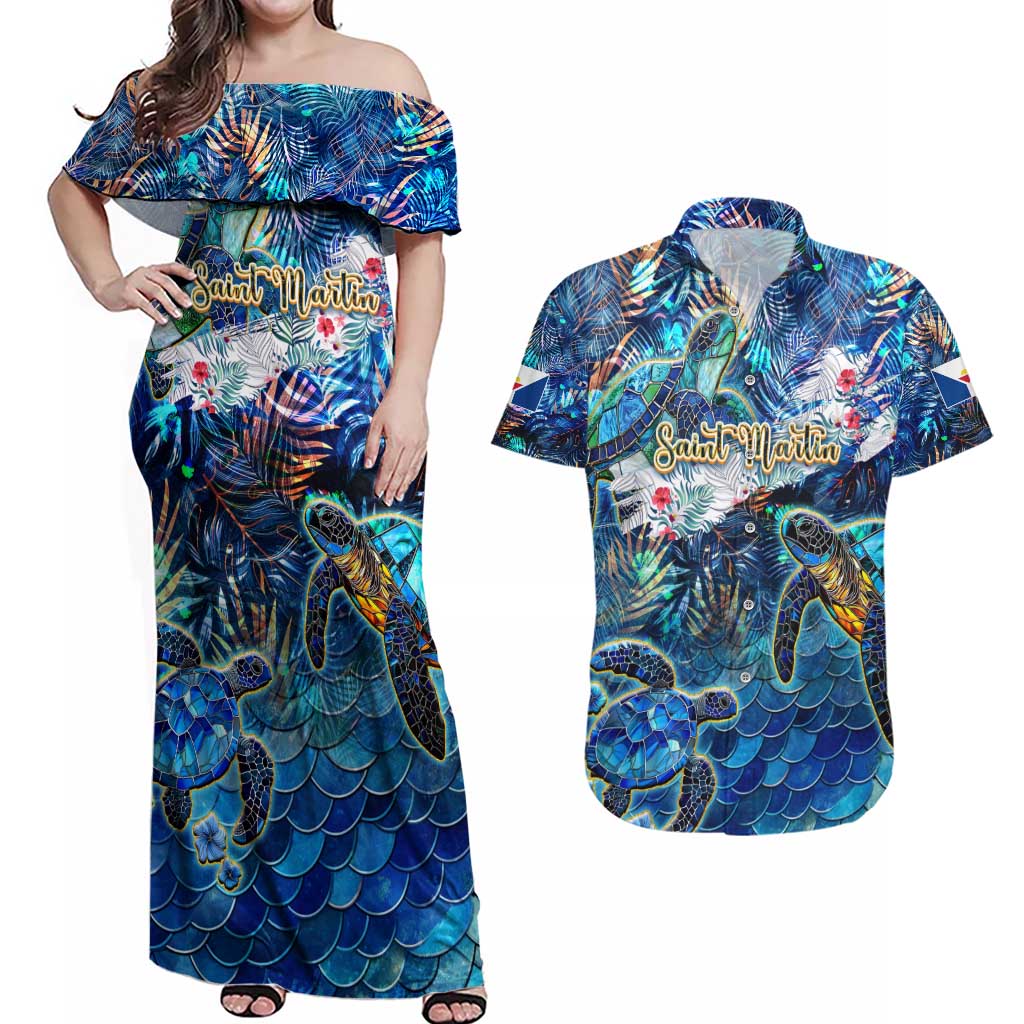 Saint Martin Couples Matching Off Shoulder Maxi Dress and Hawaiian Shirt Sea Turtle Tropical Pattern