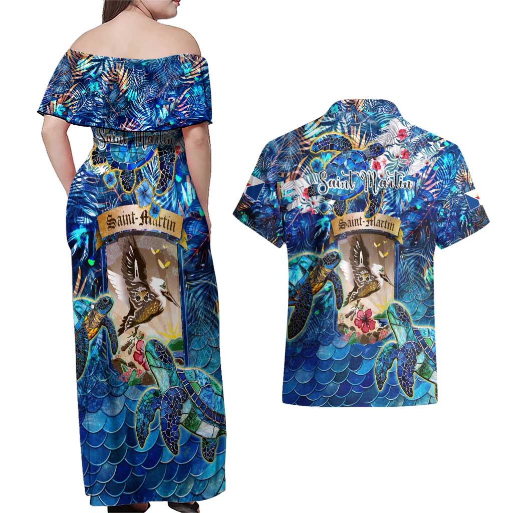 Saint Martin Couples Matching Off Shoulder Maxi Dress and Hawaiian Shirt Sea Turtle Tropical Pattern